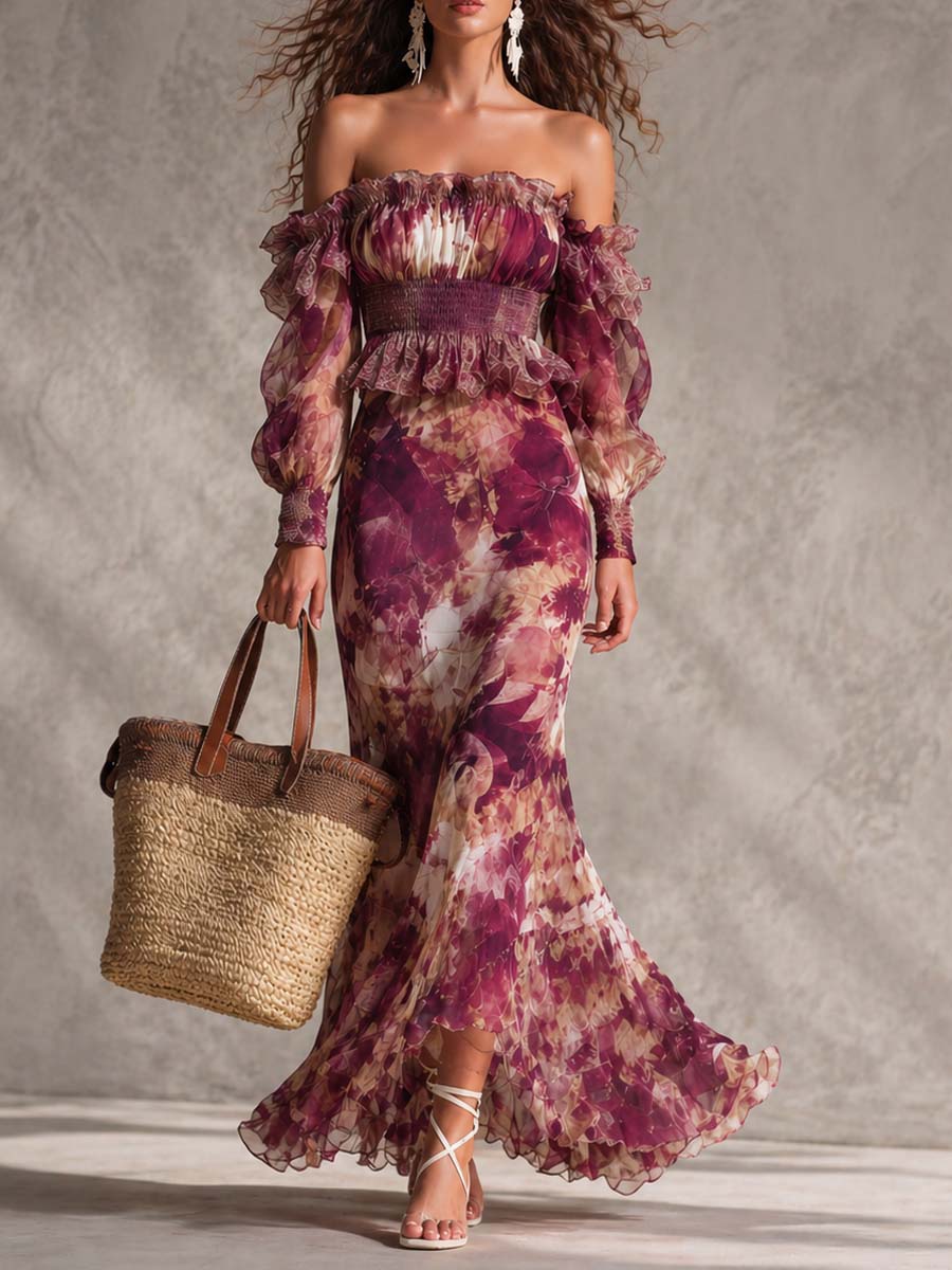 Rosalie | Off-Shoulder Floral Chiffon Maxi Dress