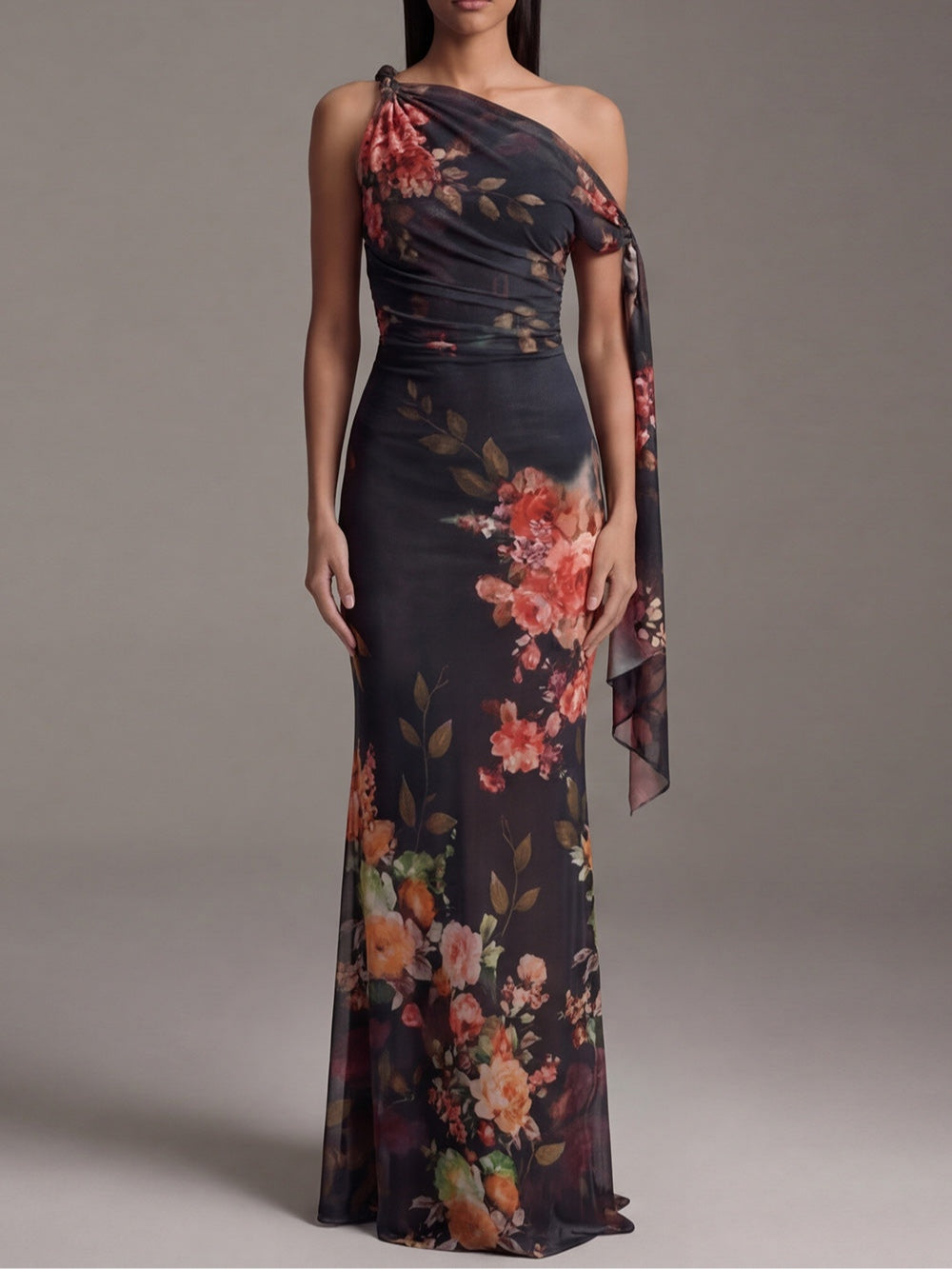 Celeste | One-Shoulder Floral Chiffon Maxi Dress