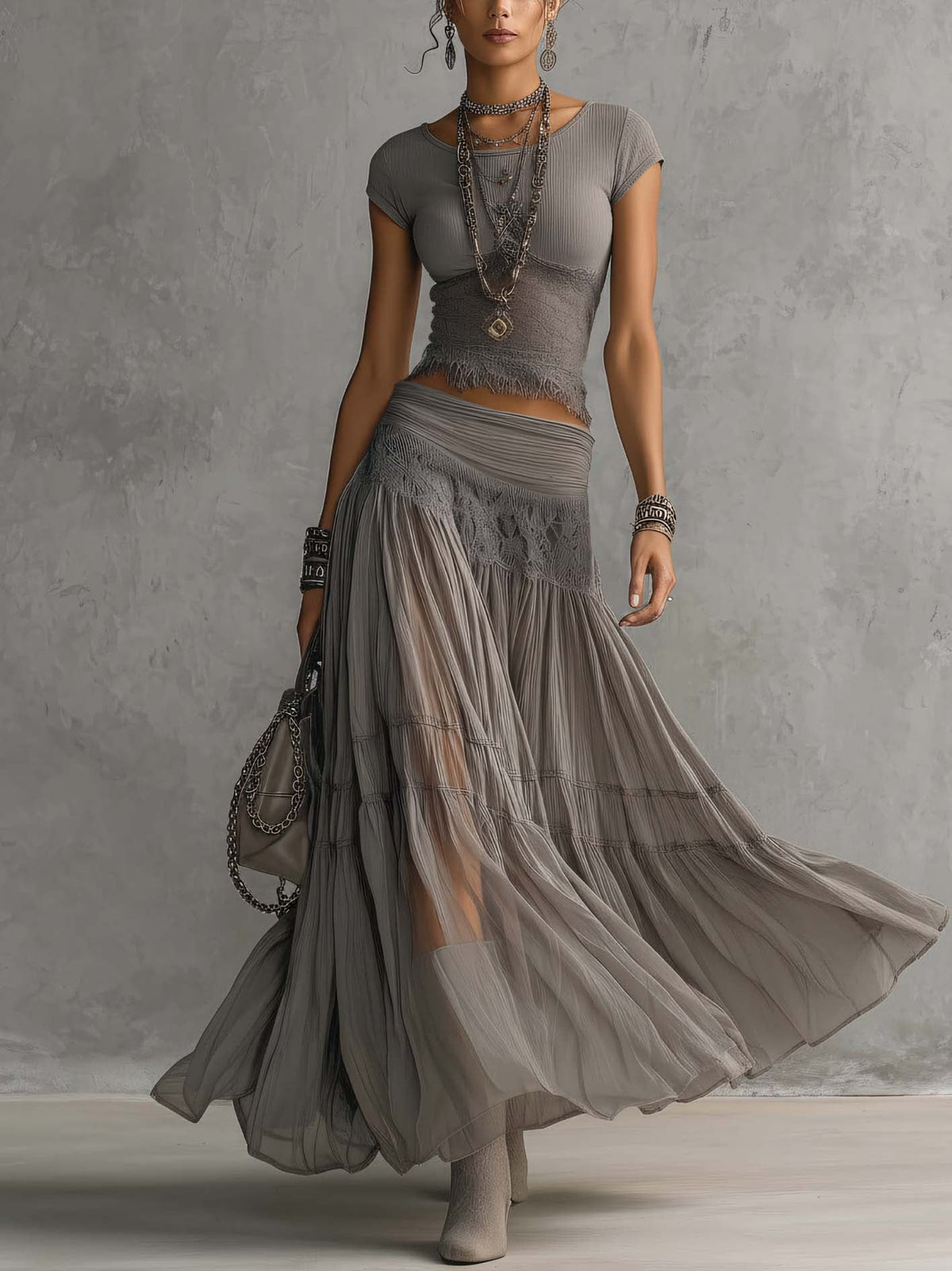 Elara | Lace-Detail Pleated Maxi Skirt Set