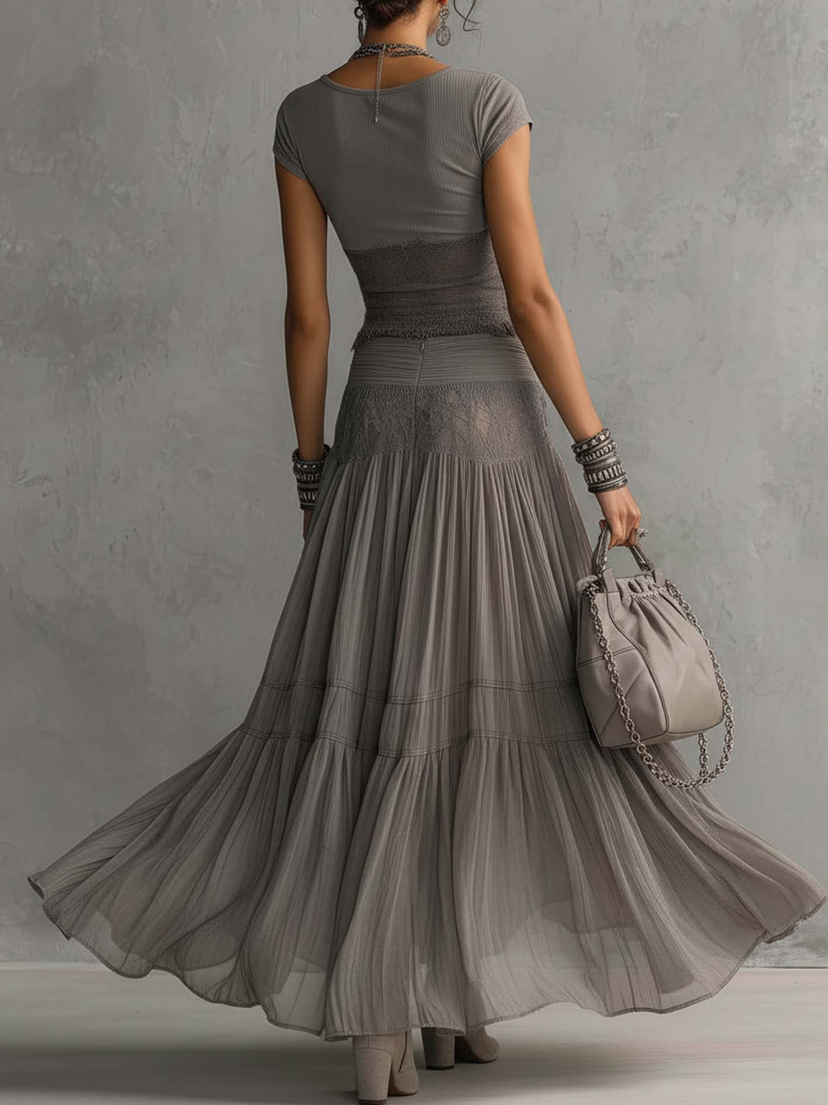 Elara | Lace-Detail Pleated Maxi Skirt Set
