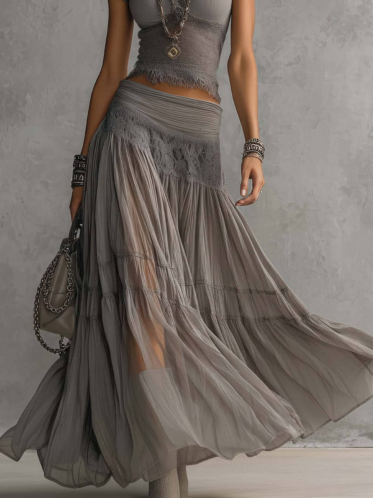 Elara | Lace-Detail Pleated Maxi Skirt Set