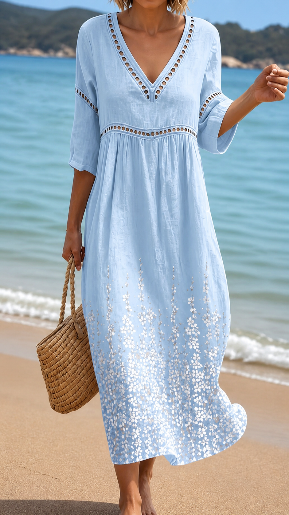 Estelle | Blue Eyelet Detail Midi Dress