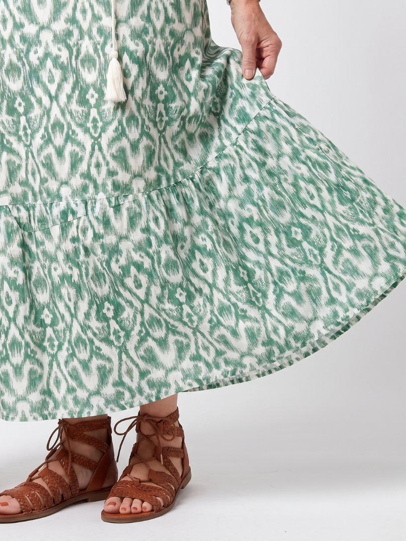 Ilara | Green Pattern V-Neck Tassel Midi Dress