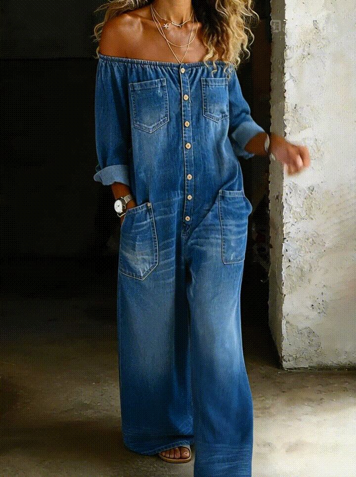 Elena | Off-Shoulder Long-Sleeve Denim Jumpsuit