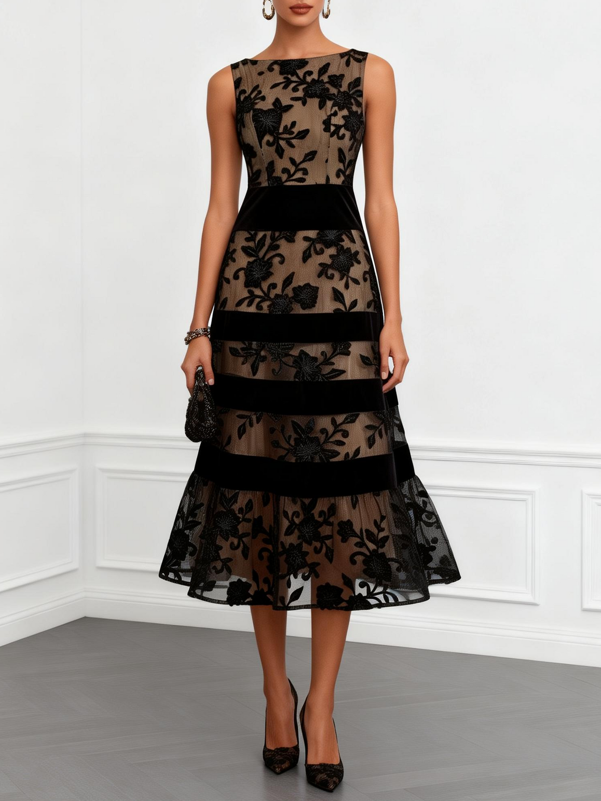 Isabella | Black Floral Mesh Midi Dress