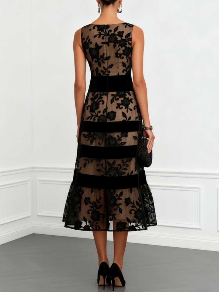 Isabella | Black Floral Mesh Midi Dress