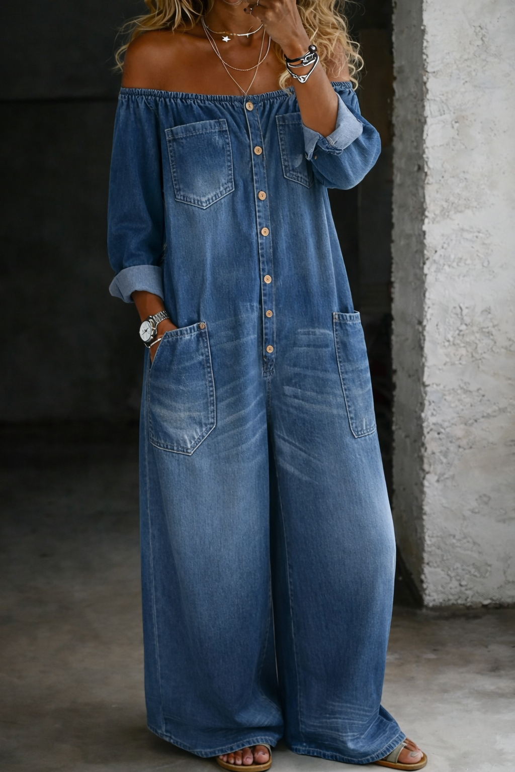 Elena | Off-Shoulder Long-Sleeve Denim Jumpsuit