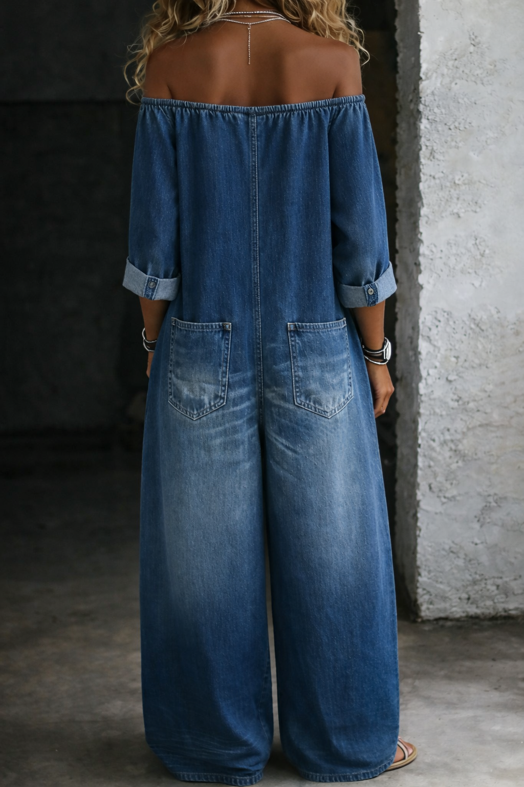 Elena | Off-Shoulder Long-Sleeve Denim Jumpsuit