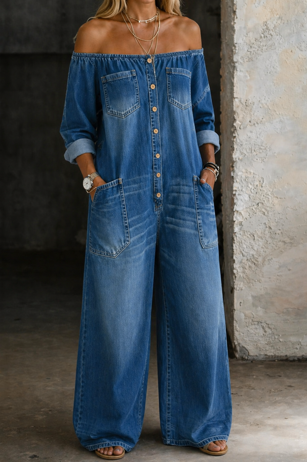 Elena | Off-Shoulder Long-Sleeve Denim Jumpsuit