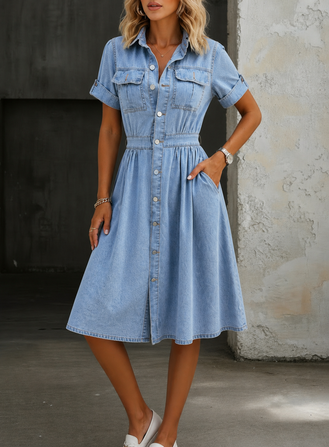 Deborah | Short-Sleeve Denim Midi Dress