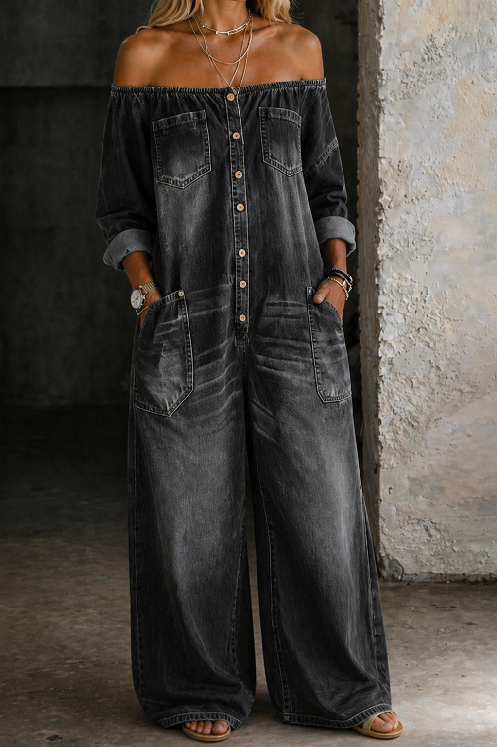 Elena | Off-Shoulder Long-Sleeve Denim Jumpsuit