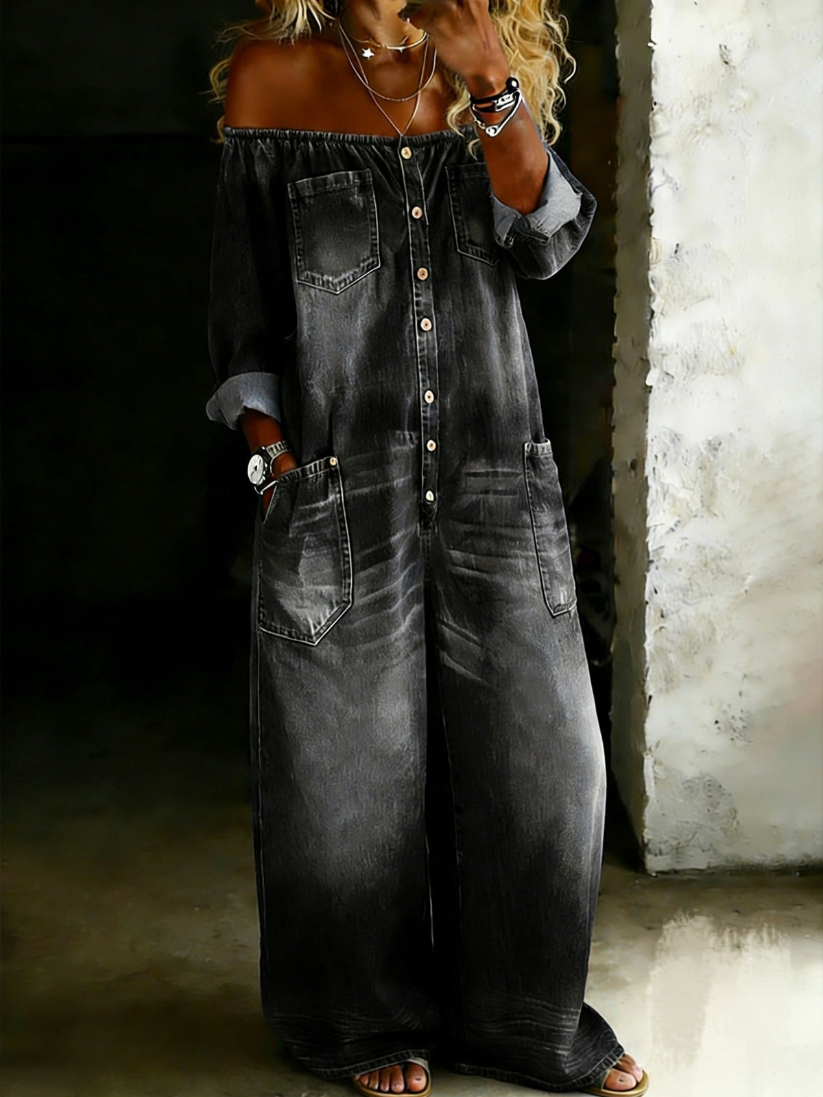 Elena | Off-Shoulder Long-Sleeve Denim Jumpsuit