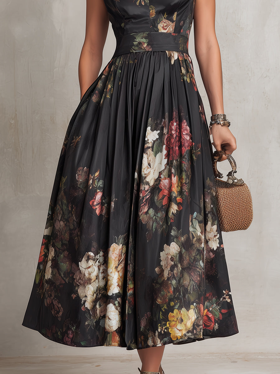 Selene | Floral Pleated Satin Midi Dress