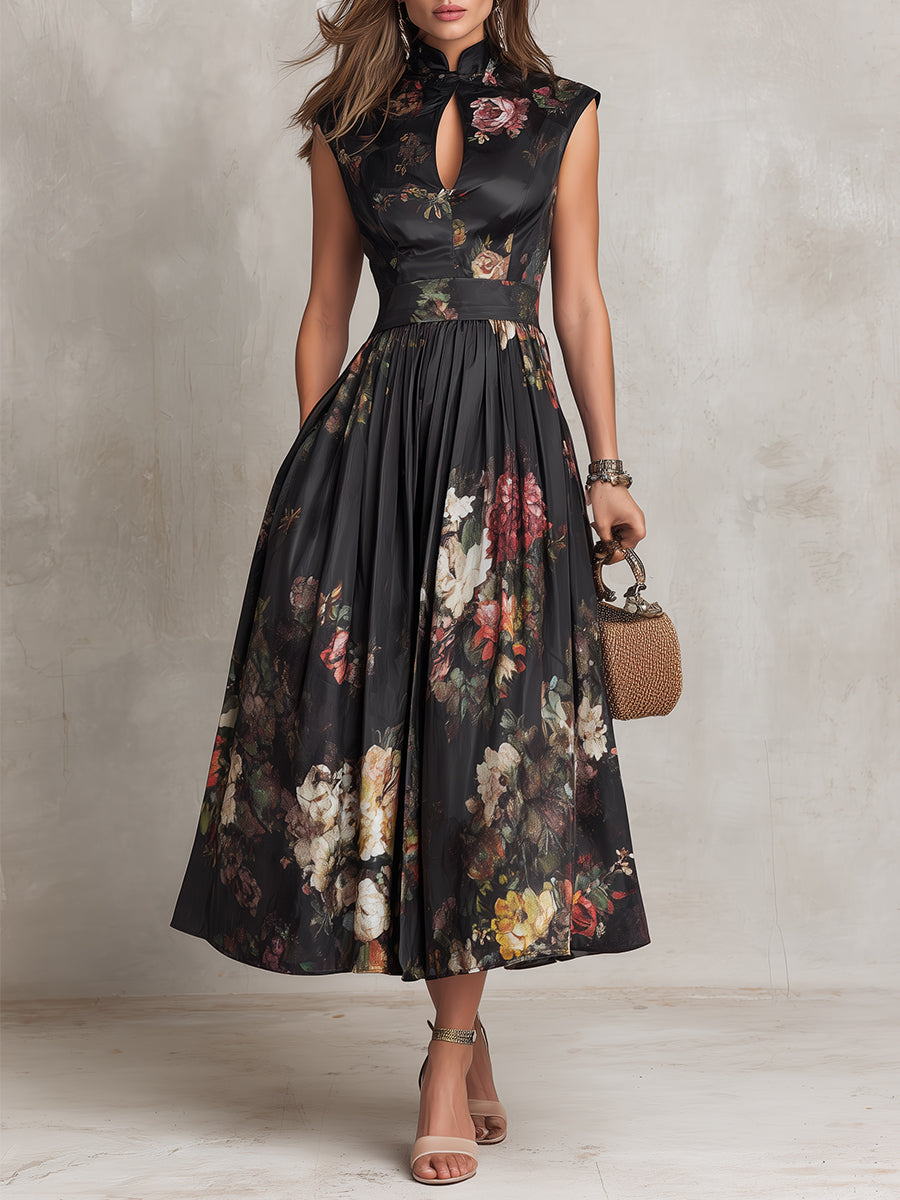 Selene | Floral Pleated Satin Midi Dress