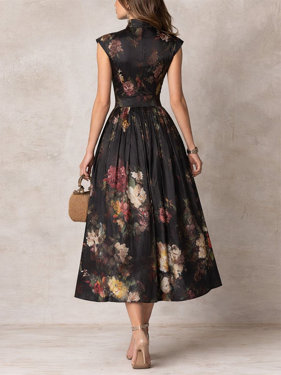 Selene | Floral Pleated Satin Midi Dress