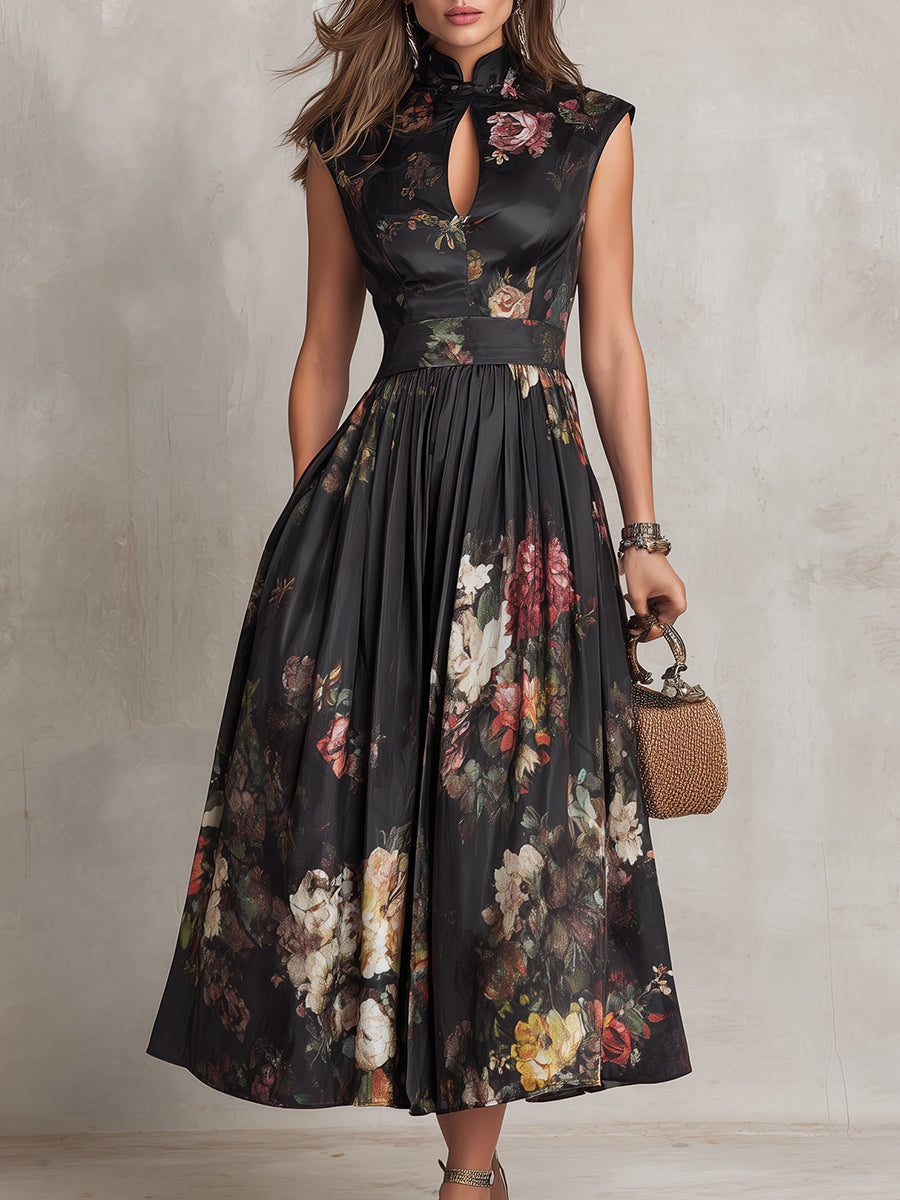 Selene | Floral Pleated Satin Midi Dress