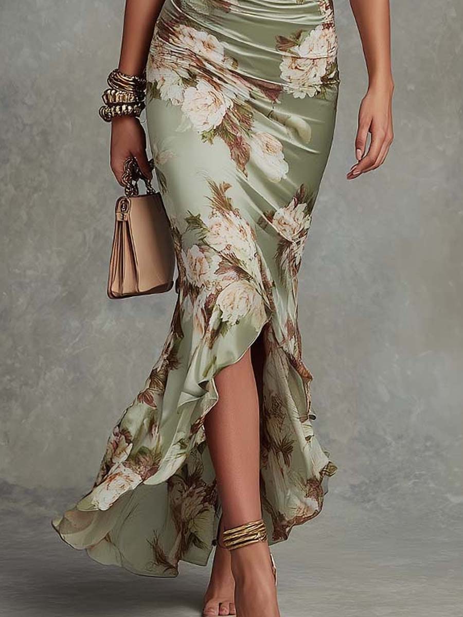 Elara | Floral Ruffle Satin Maxi Dress