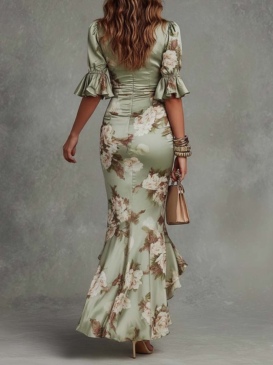 Elara | Floral Ruffle Satin Maxi Dress