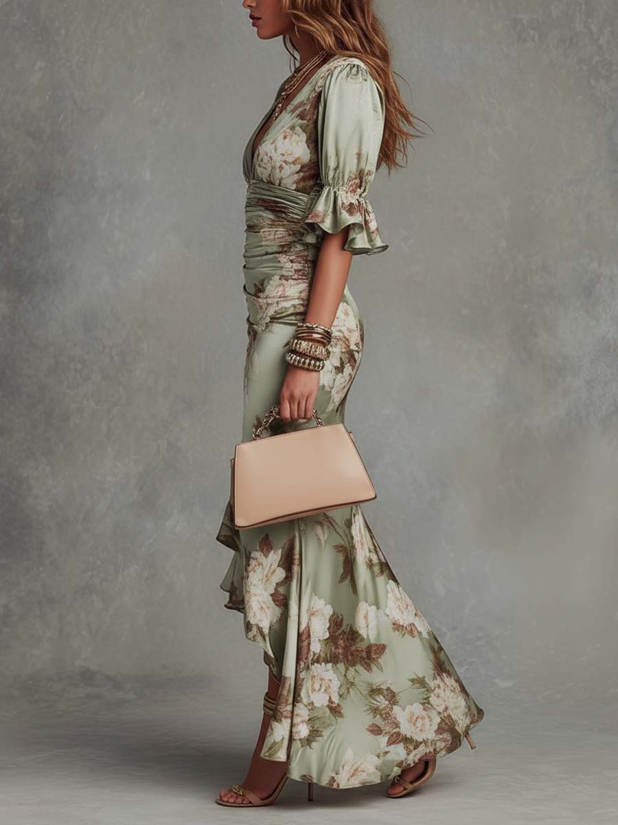 Elara | Floral Ruffle Satin Maxi Dress