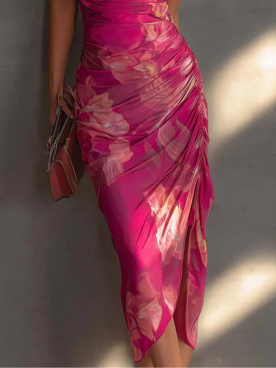 Valentina | Floral Ruched Side-Slit Midi Dress