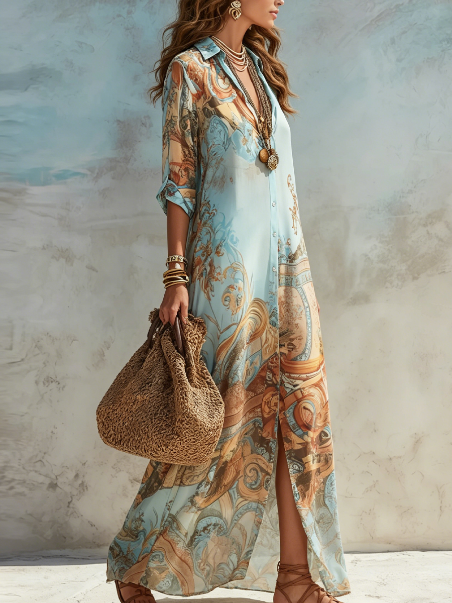 Serena | Blue Floral Shirt Maxi Dress