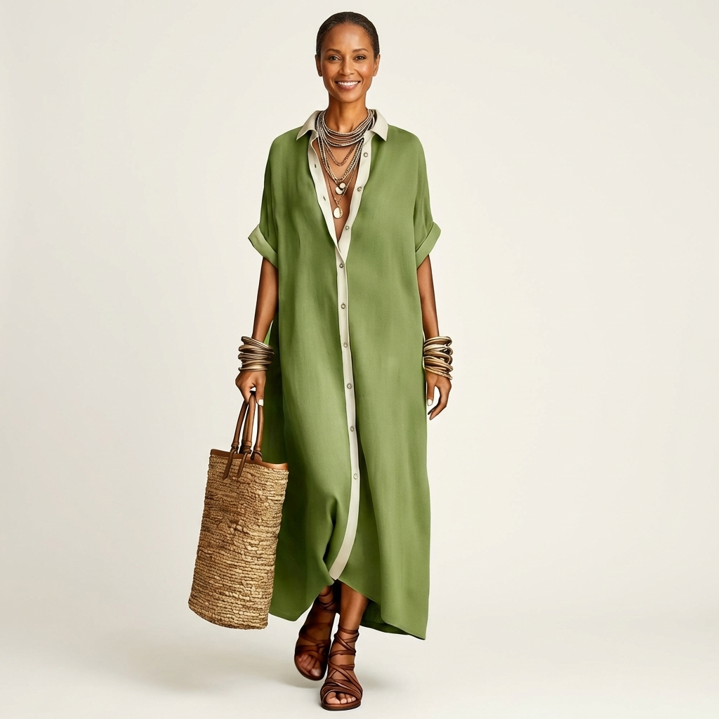 Kamira | Contrast-Collar Maxi Shirt Dress