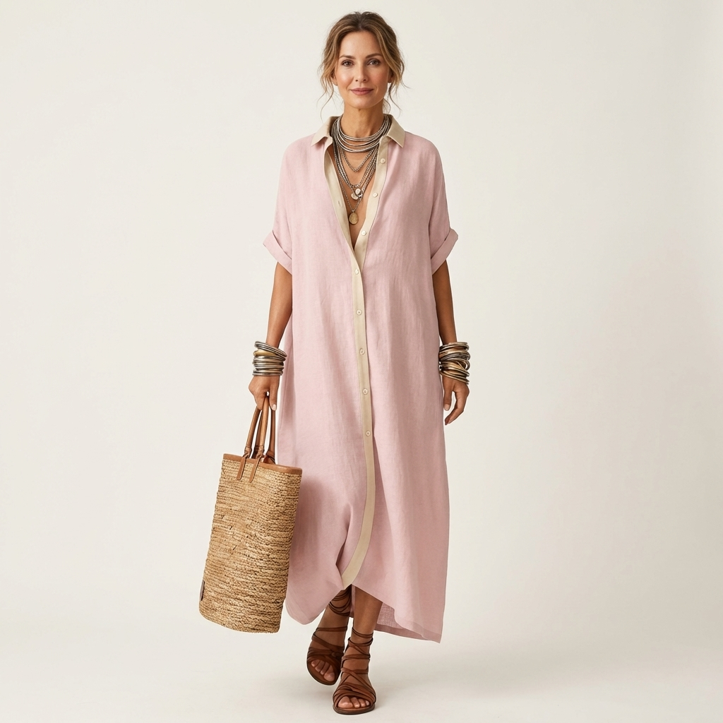 Kamira | Contrast-Collar Maxi Shirt Dress