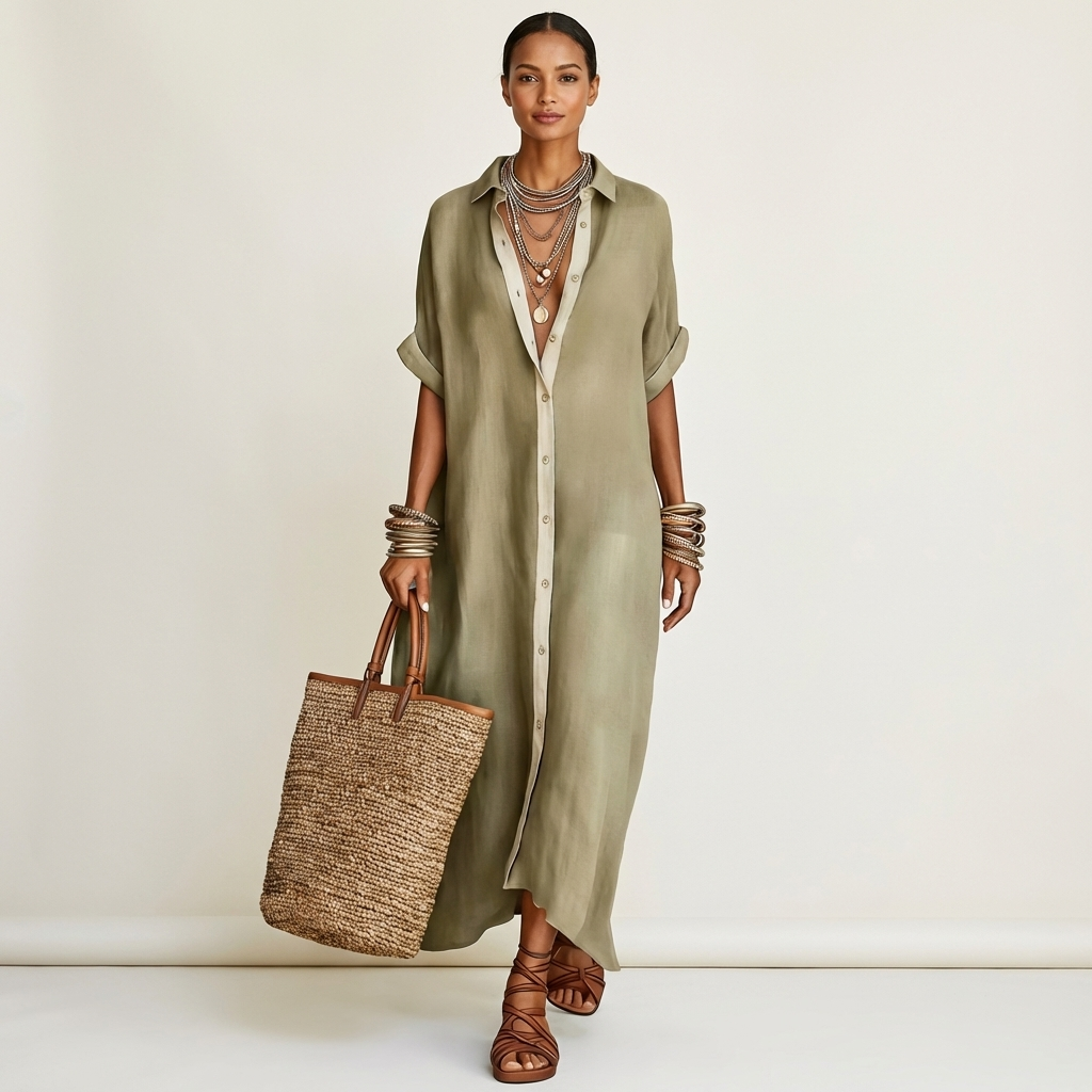 Kamira | Contrast-Collar Maxi Shirt Dress