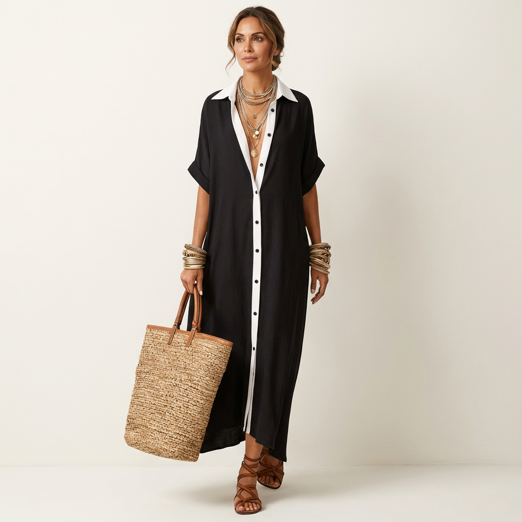 Kamira | Contrast-Collar Maxi Shirt Dress