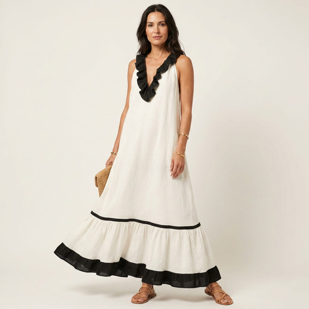 Mayline | Contrast-Ruffle Maxi Dress