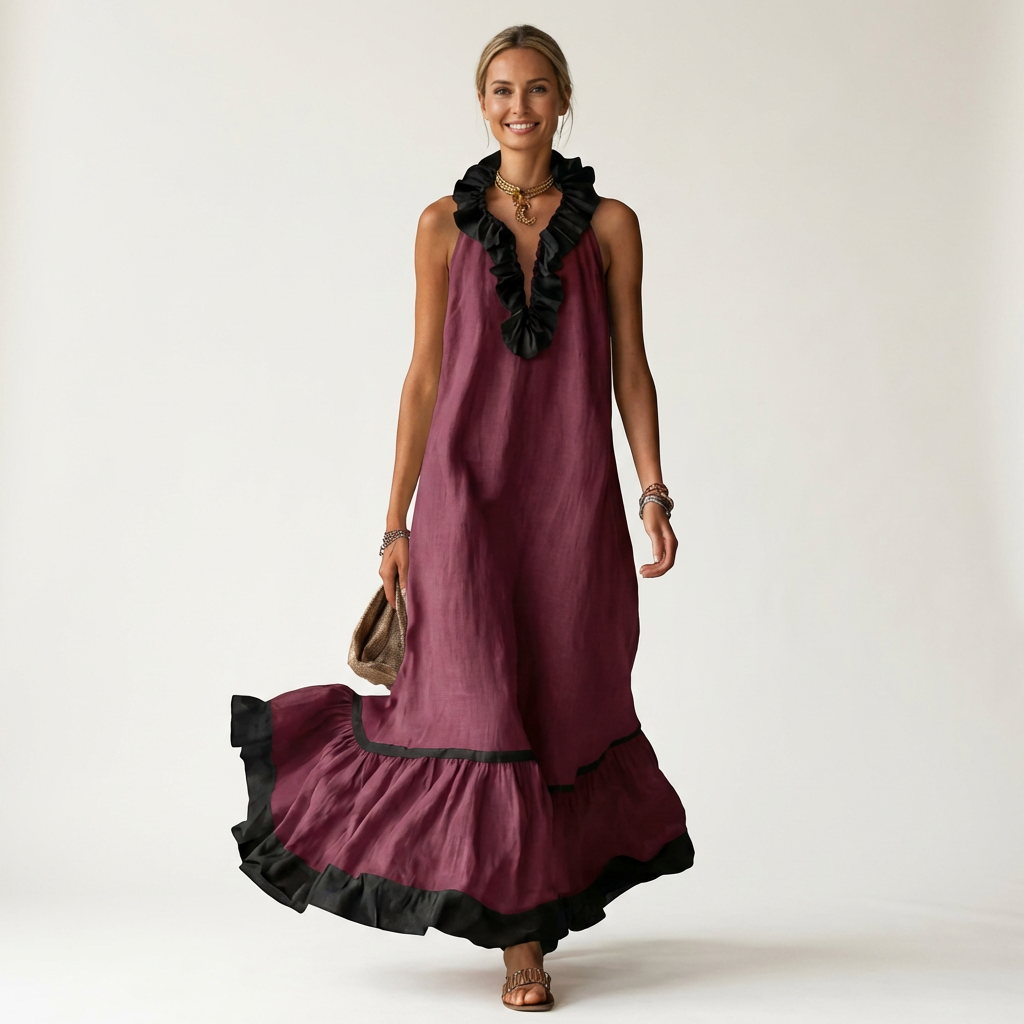 Mayline | Contrast-Ruffle Maxi Dress