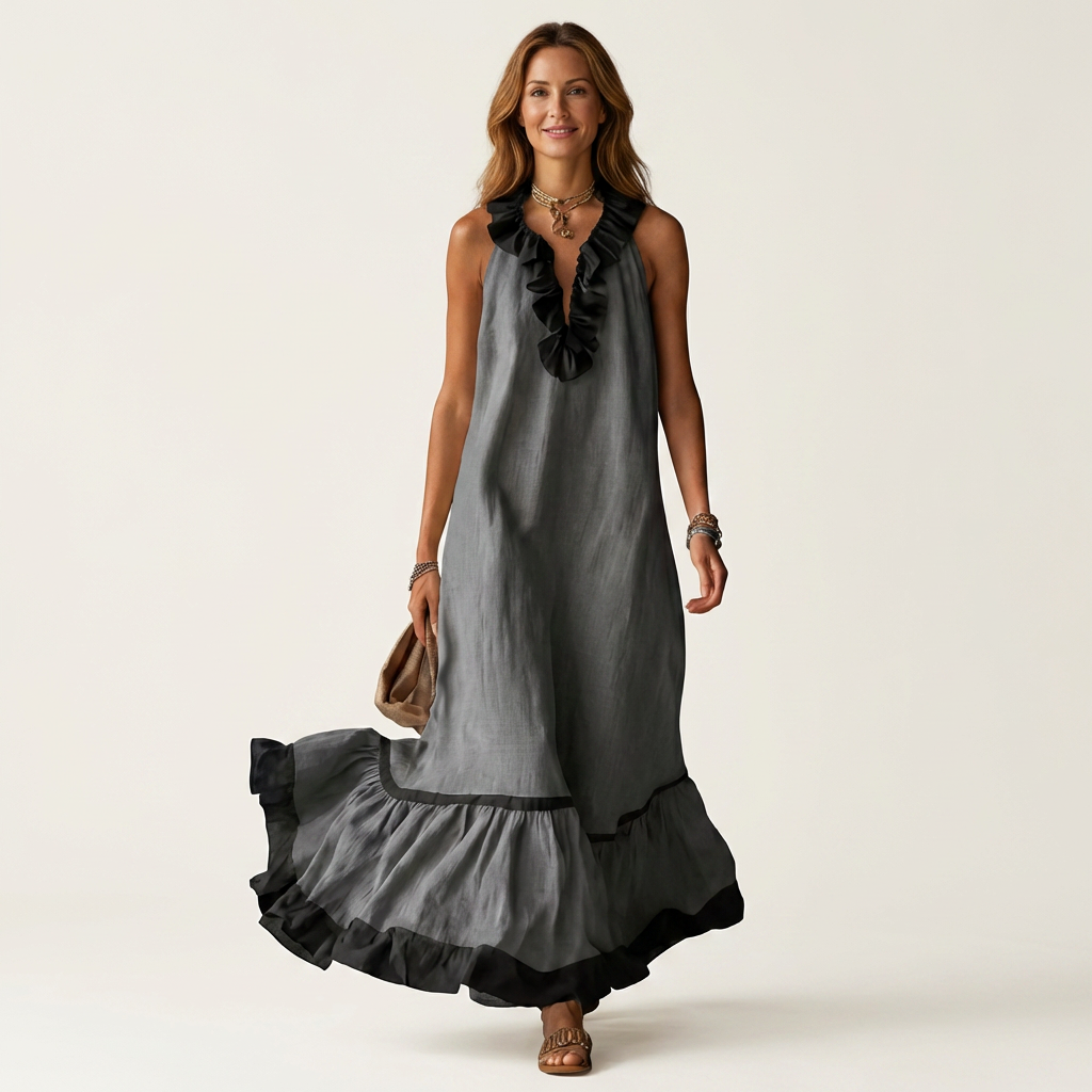 Mayline | Contrast-Ruffle Maxi Dress