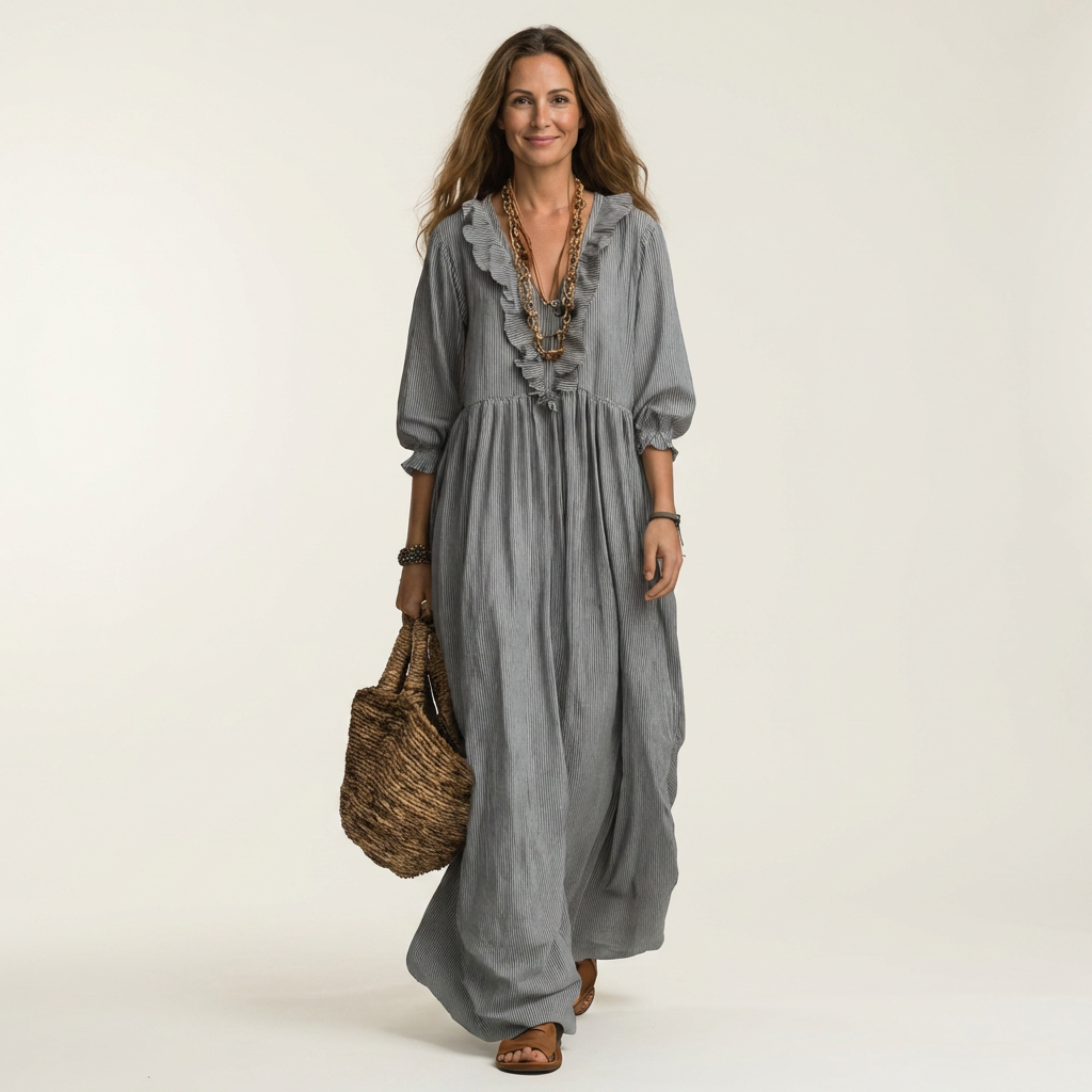 Yosetta | Ruffle V-Neck Maxi Dress