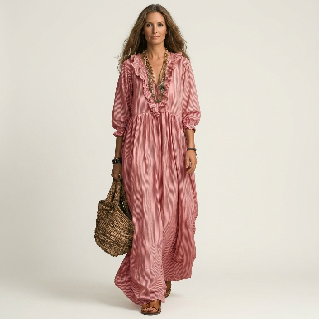 Yosetta | Ruffle V-Neck Maxi Dress