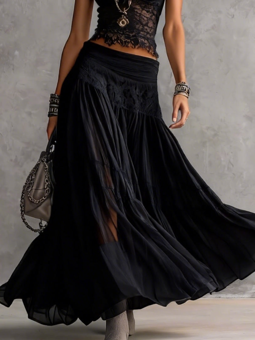 Nyra | Sheer Lace Top & Pleated Maxi Skirt Set