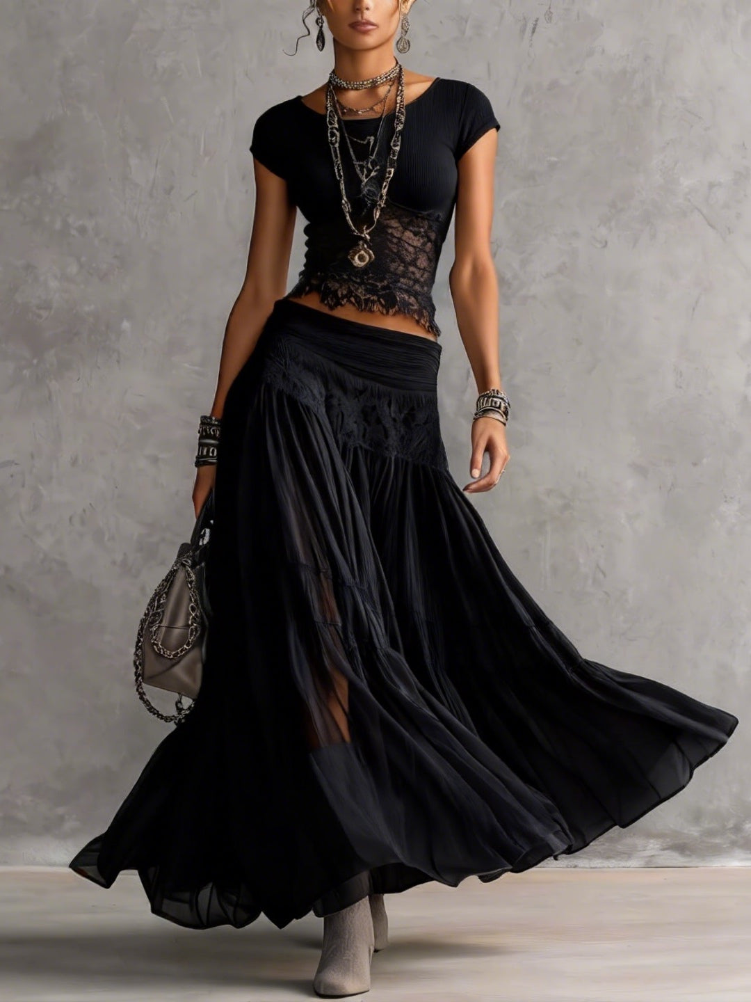 Nyra | Sheer Lace Top & Pleated Maxi Skirt Set