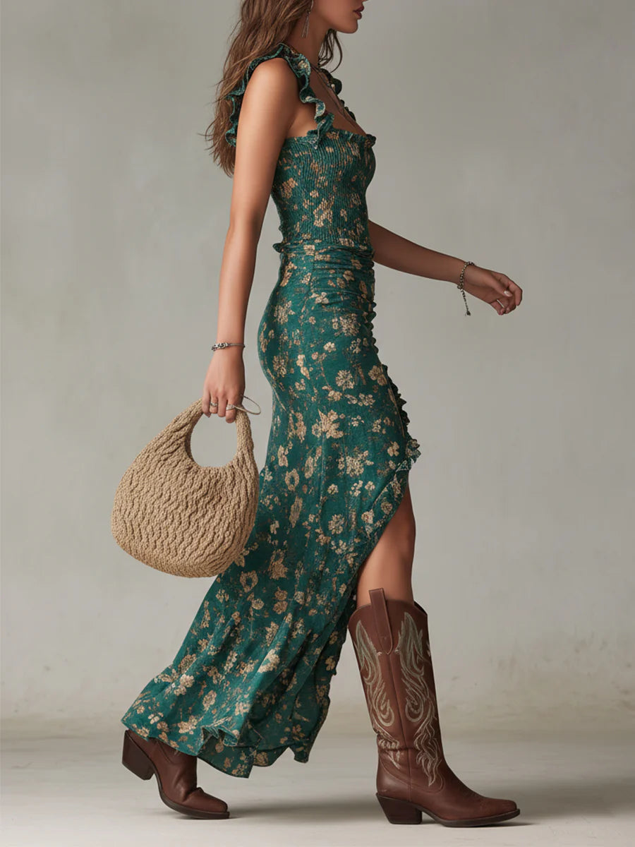 Elowen | Bohemian Green Ruffle Maxi Dress