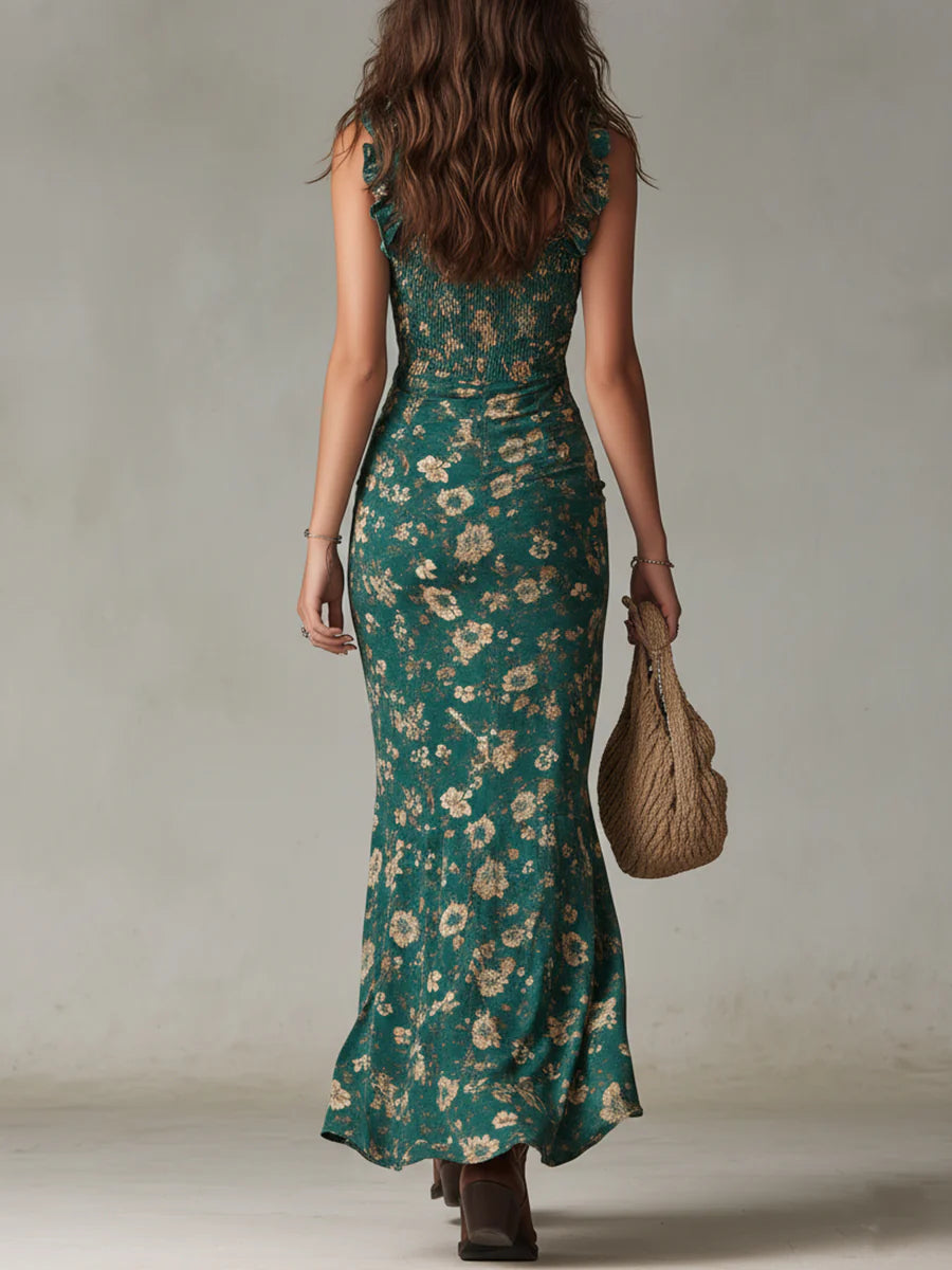 Elowen | Bohemian Green Ruffle Maxi Dress