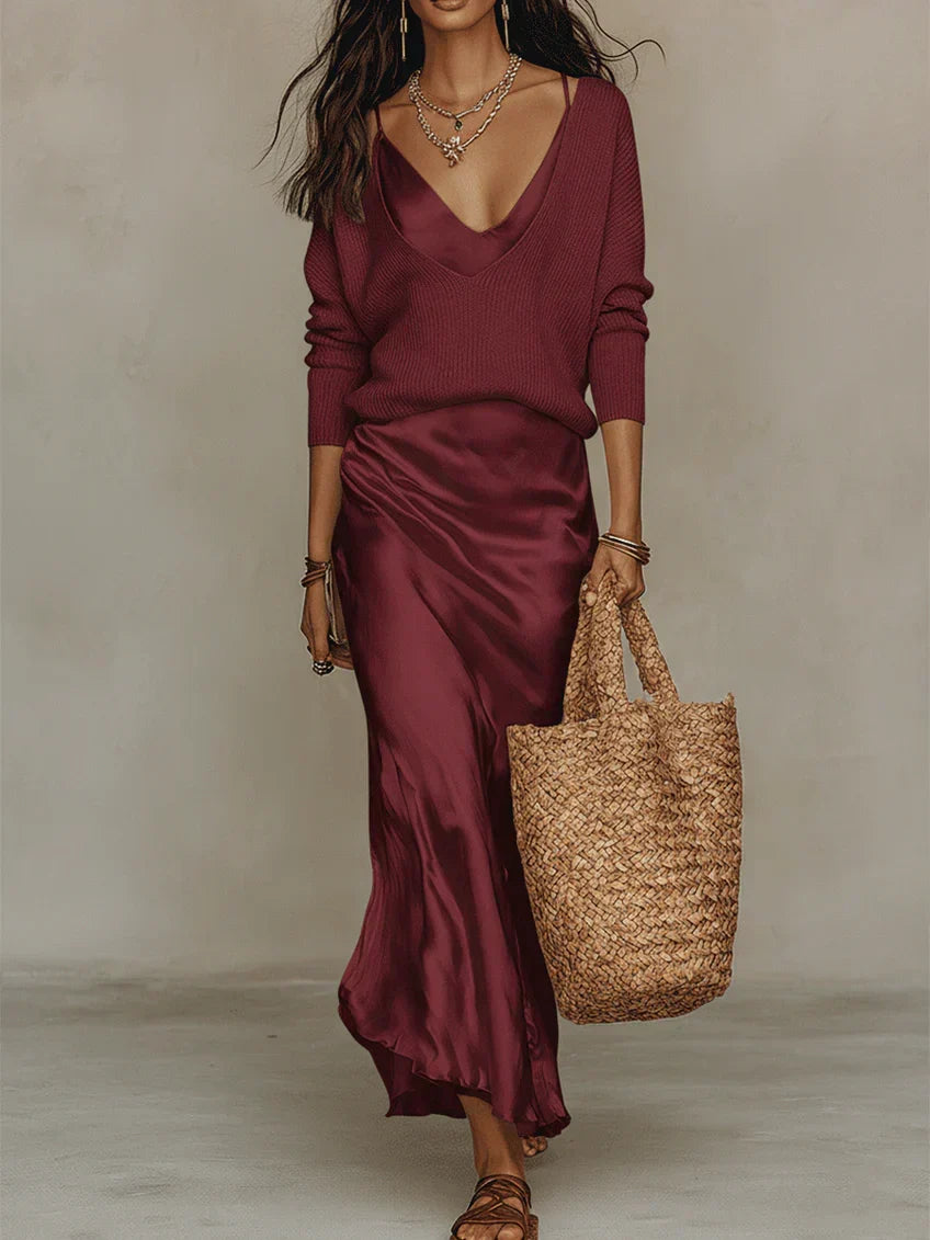 Elena | Satin Midi Dress & Sweater Set