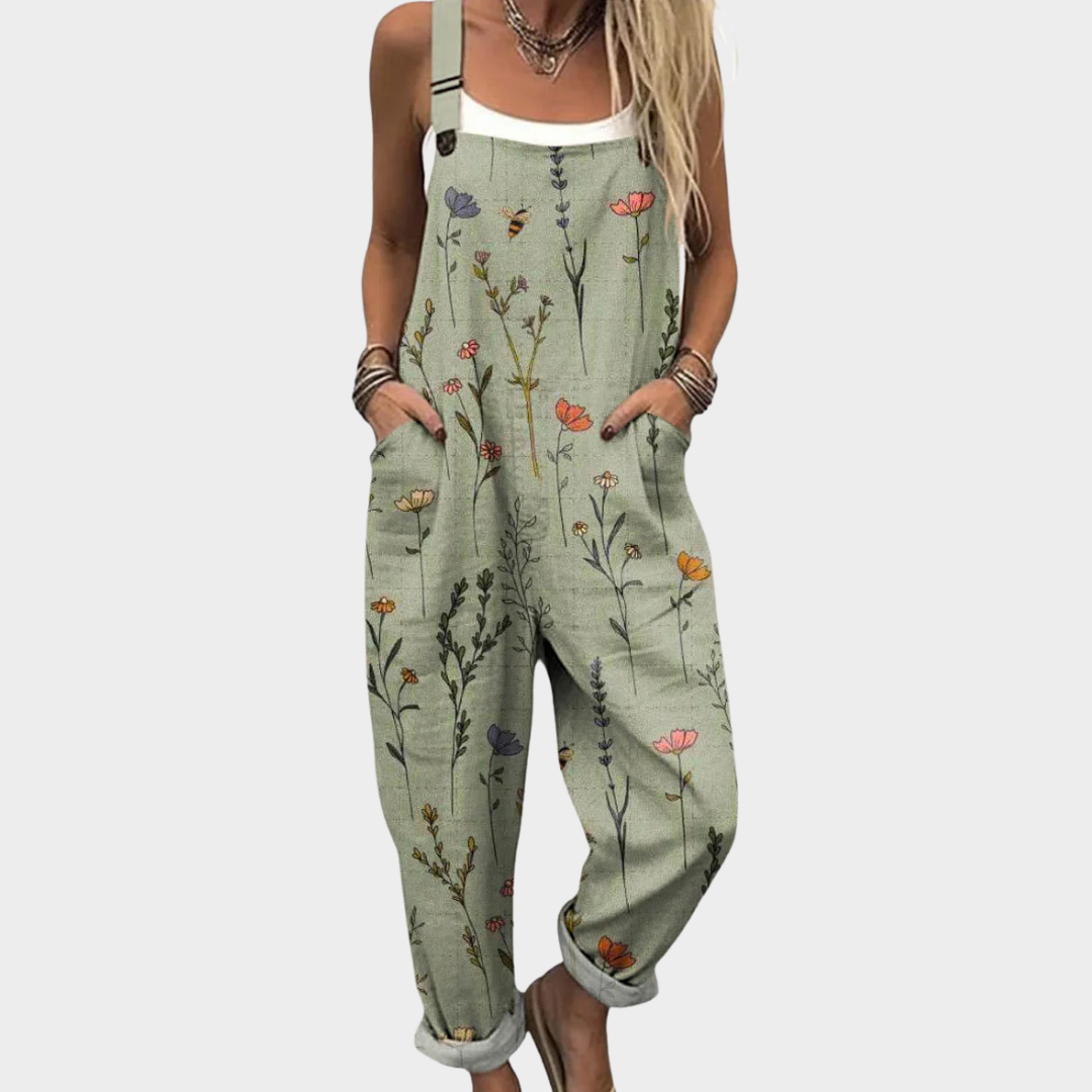 Olive | Botanical Print Relaxed Overalls