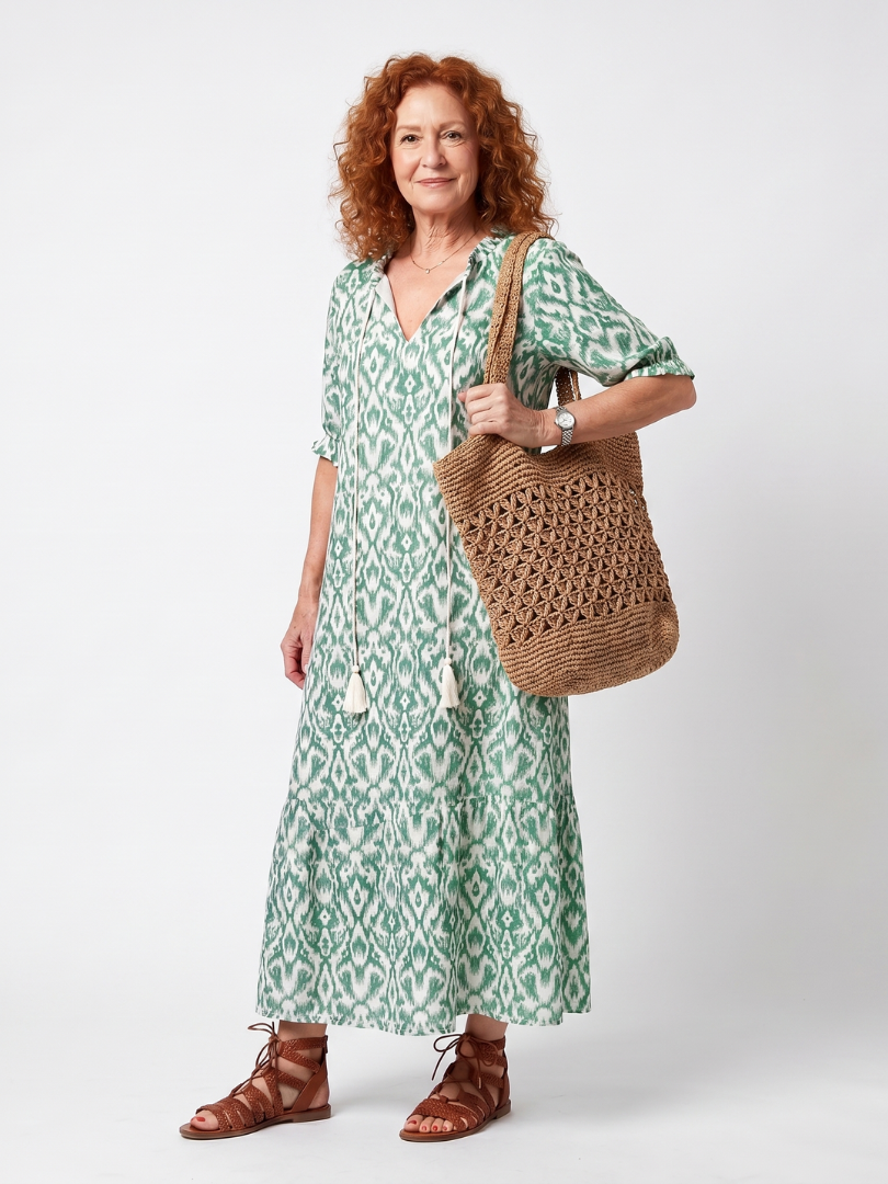 Ilara | Green Pattern V-Neck Tassel Midi Dress