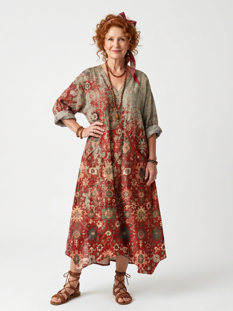 Saffron | Mixed Pattern Relaxed Midi Dress