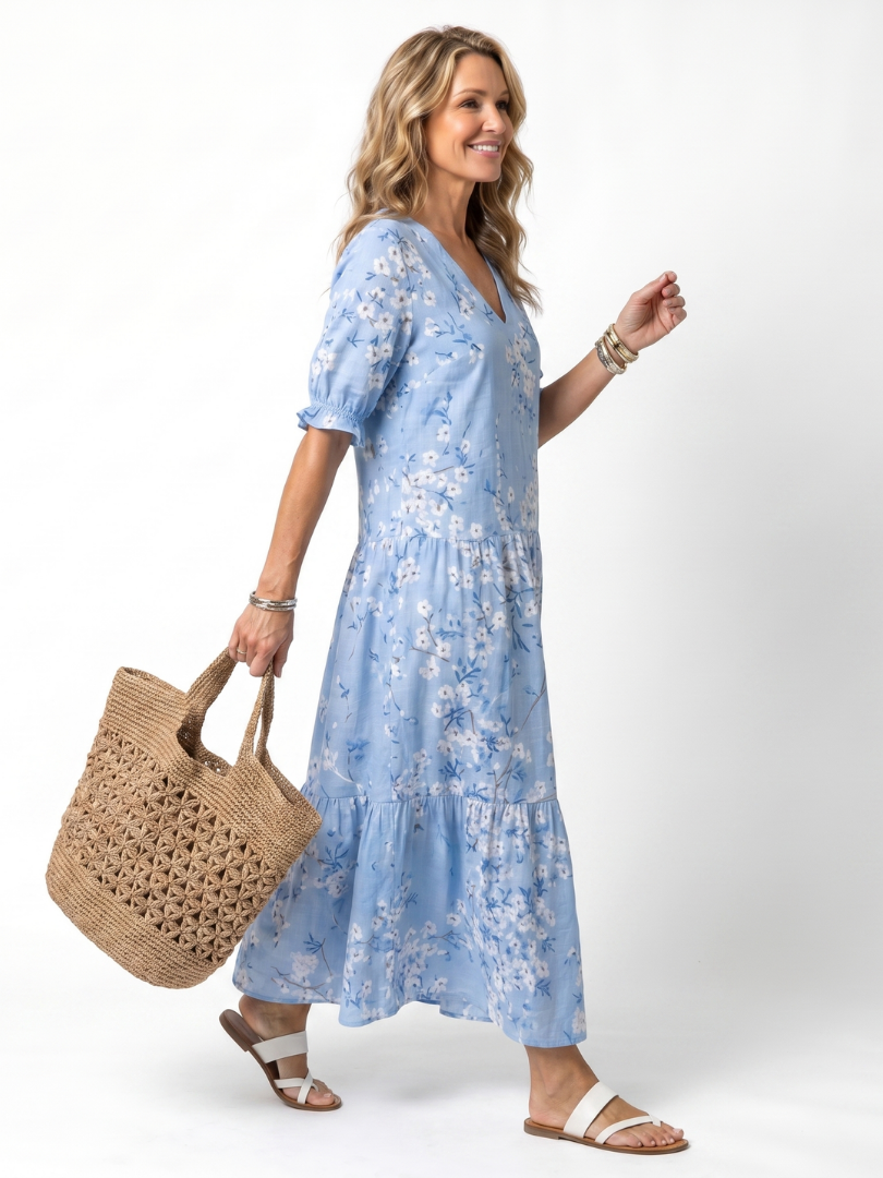 Alora | Blue Floral Tassel Tie Midi Dress