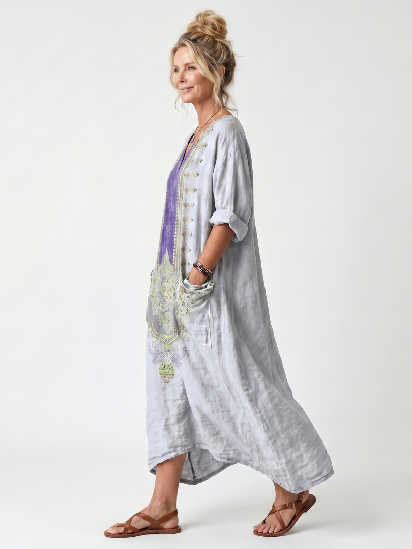 Raina | Contrast Panel Embroidered Midi Dress