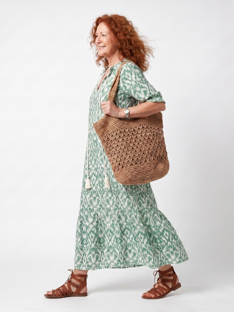 Ilara | Green Pattern V-Neck Tassel Midi Dress