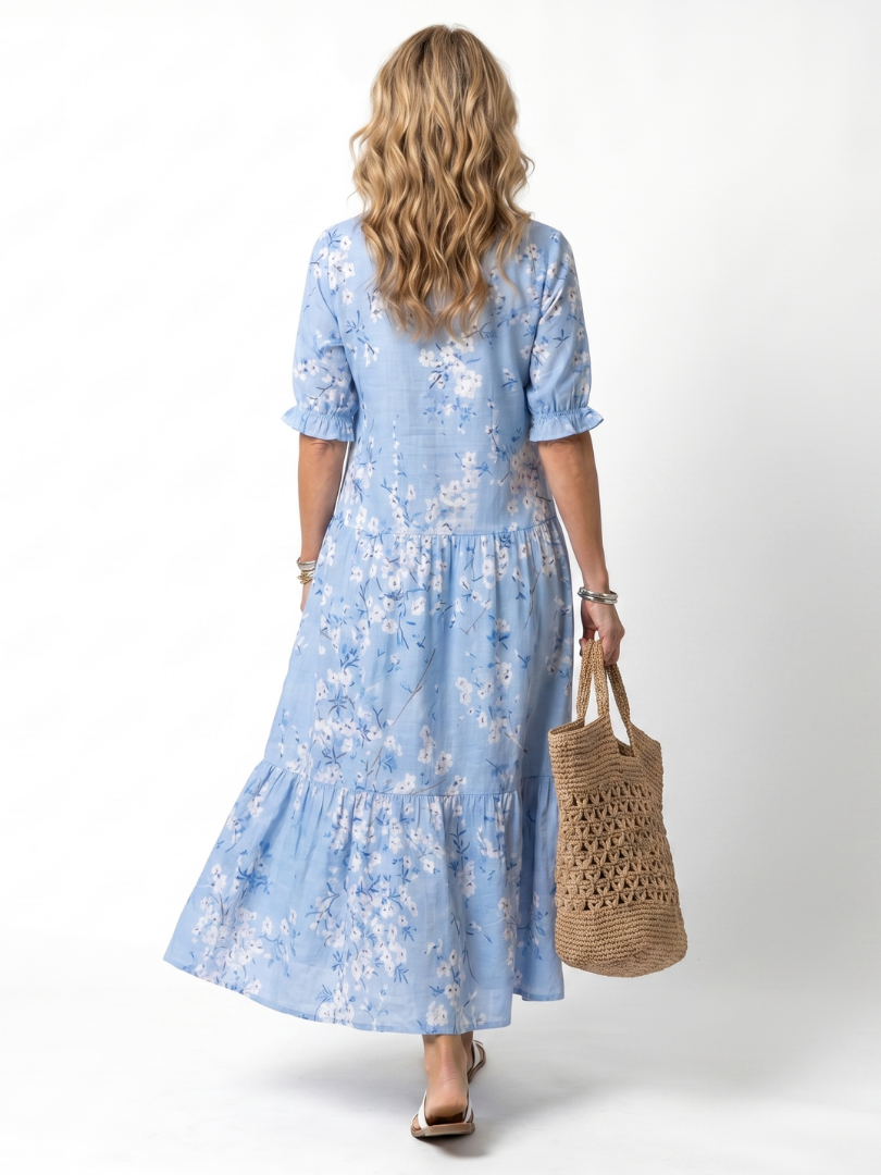 Alora | Blue Floral Tassel Tie Midi Dress