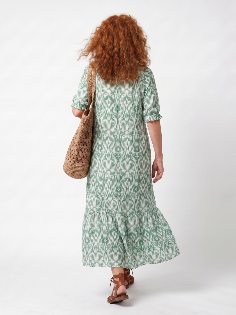 Ilara | Green Pattern V-Neck Tassel Midi Dress