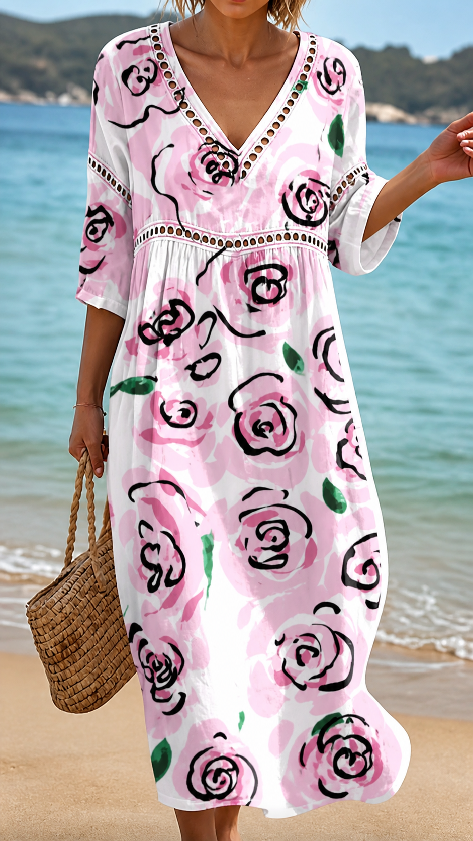 Fiora | Pink Rose Print Midi Dress