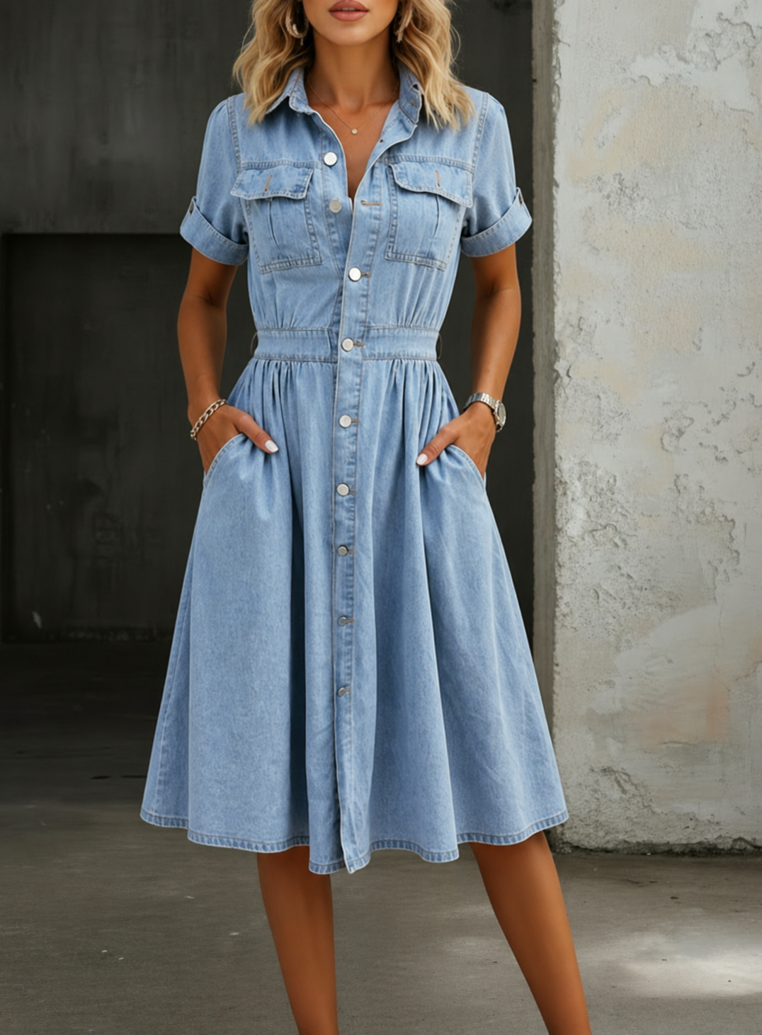 Deborah | Short-Sleeve Denim Midi Dress