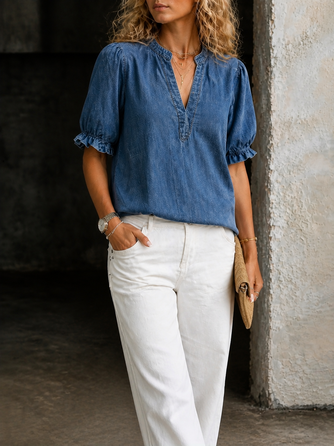 Ashley | Vintage V-Neck Denim Top